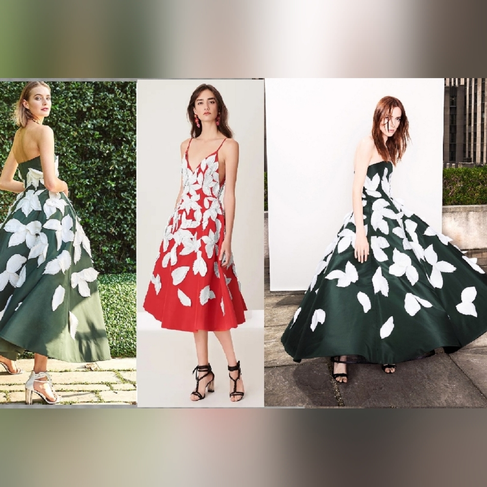 ●$6,490 NEW OSCAR DE LA RENTA RED WHITE SILK WITH EXCLUSIVE LEAF EMBROID US 10 L
